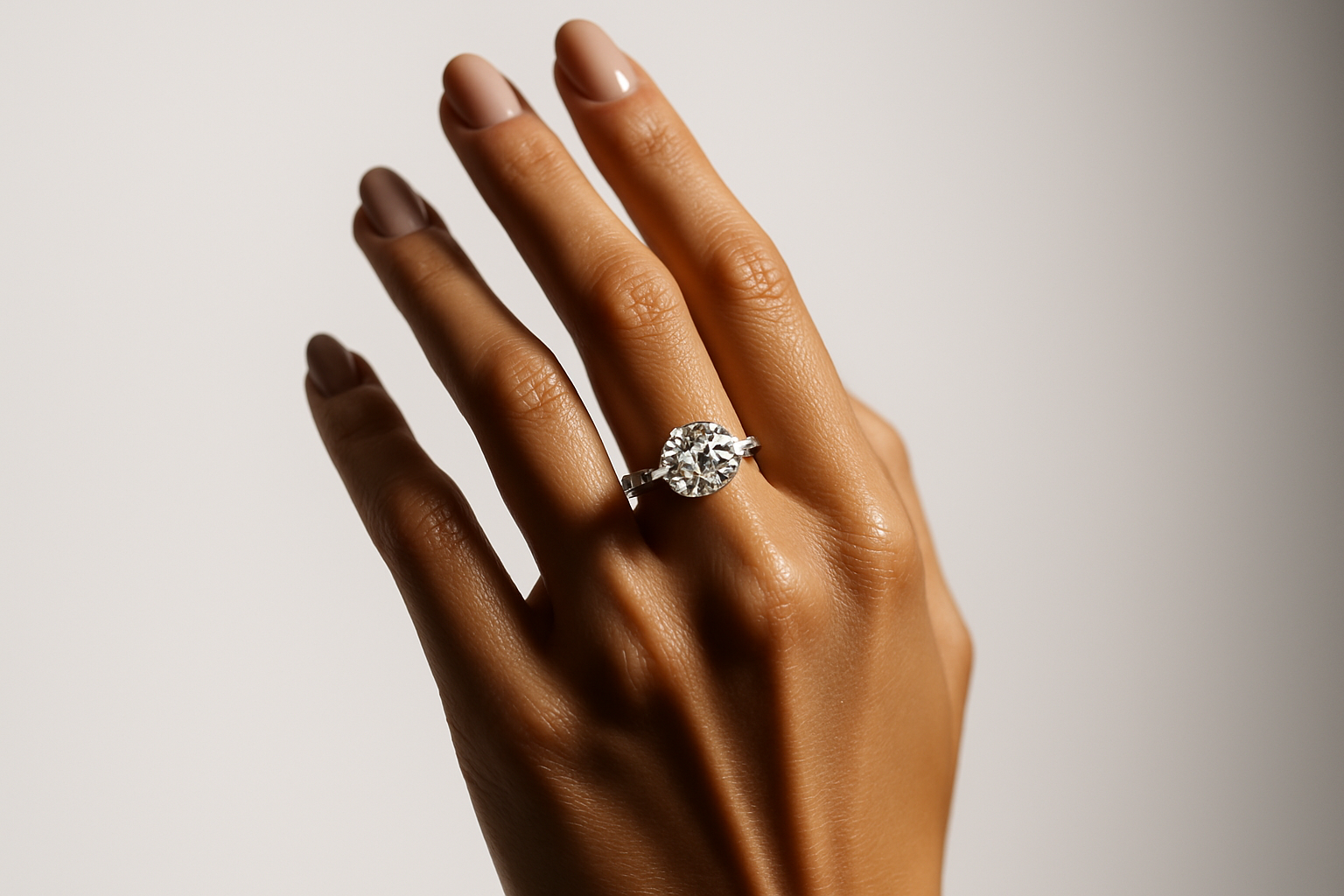generate a professional studio lighting image of a model wearing one of our diamond rings